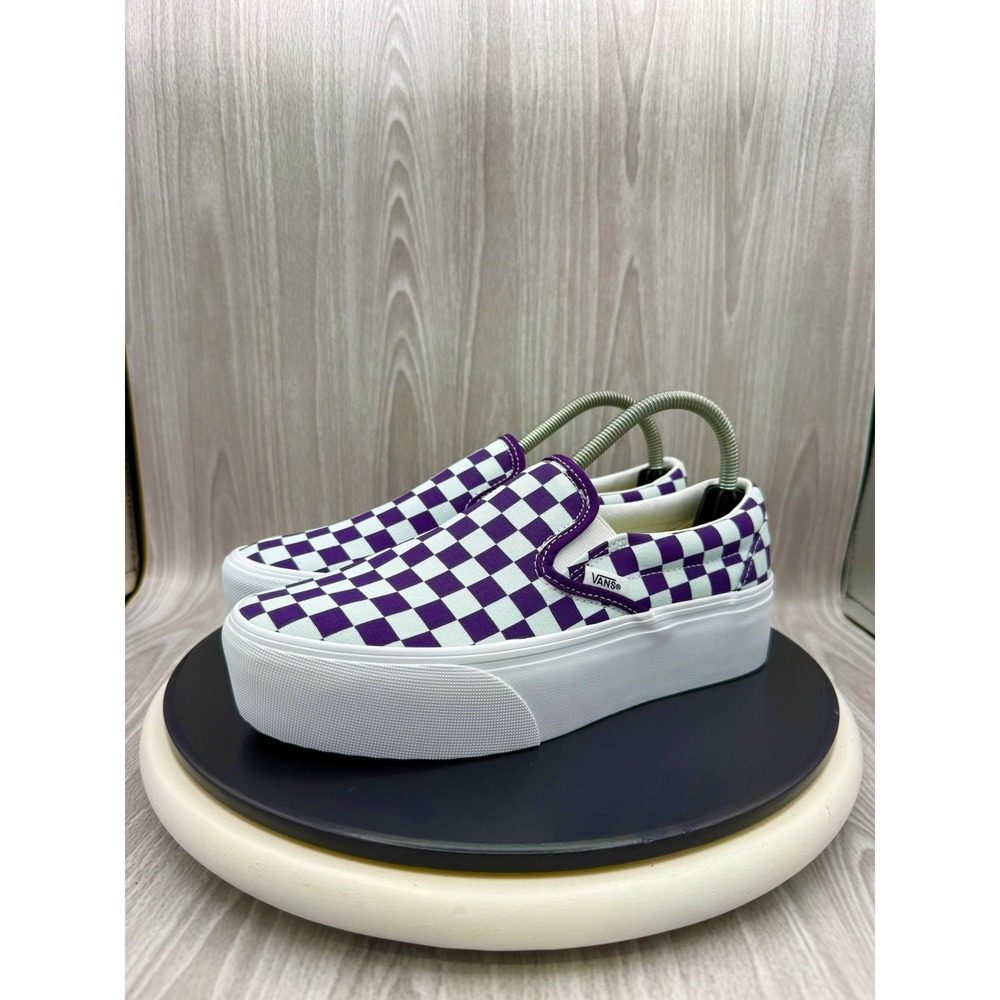 Vans Classic Slip On Stackform Checkerboard Womens 7 Purple Gray Platform Shoes